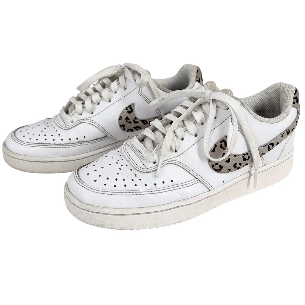 Nike‎ Womens Court Vision Low White Leopard Print Sneakers DD9665-100 Size 7.5